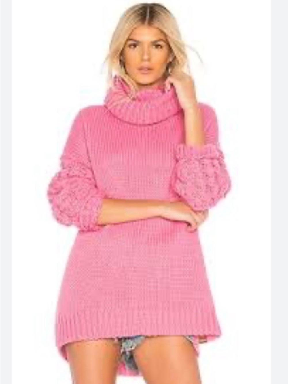 One Teaspoon Pink Chunky Turtleneck Sweater Dress with Balloon Sleeves